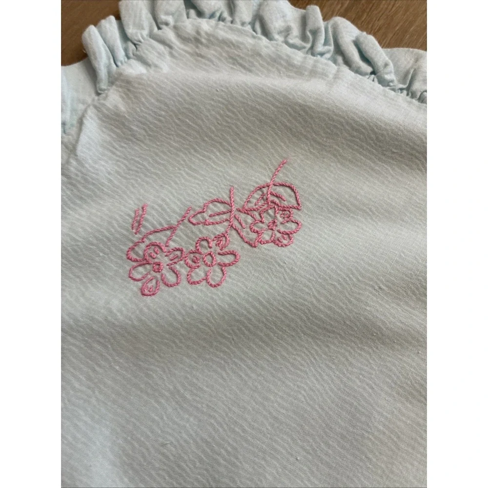 VTG Baby Blanket Cotton Plisse Blue W/ Pink Embroidery Ruffled 35